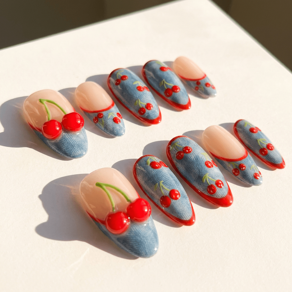 Cherry Denim full press-on nail set – sizes XS–L by Handora