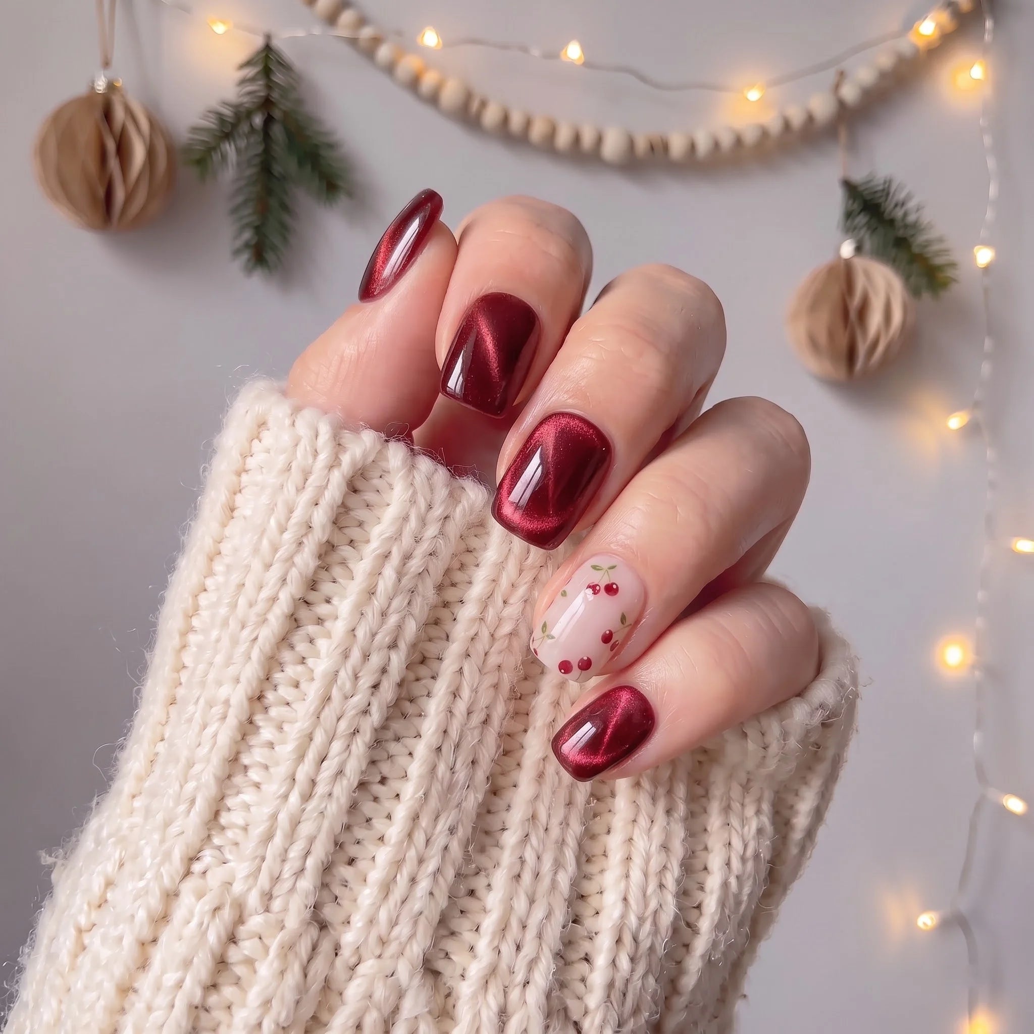 Cherry Glow Christmas press-on nails - design view 4 by Handora Nails