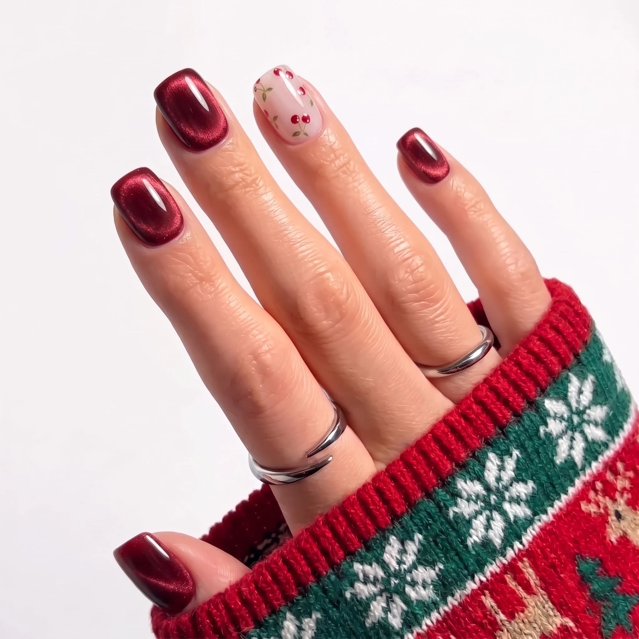 Cherry Glow Christmas press-on nails - design view 7 by Handora Nails