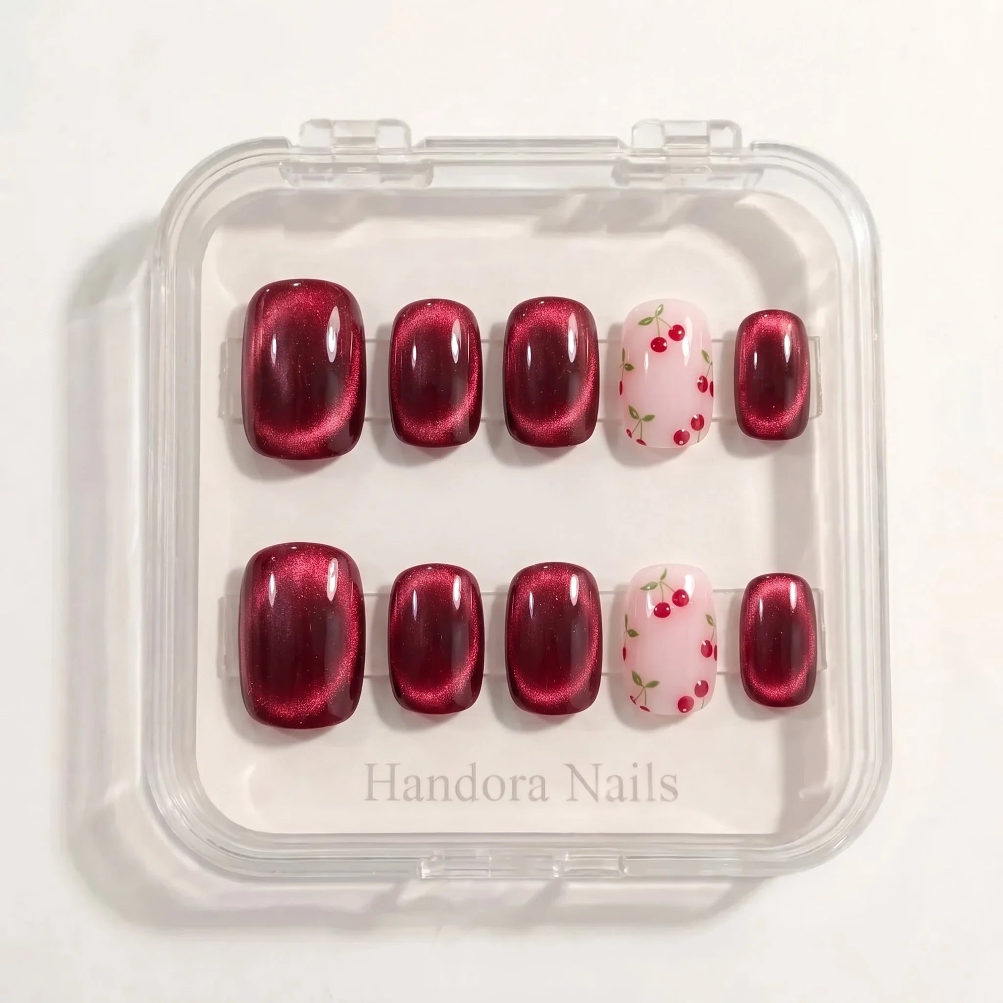 Cherry Glow Christmas press-on nails - design view 8 by Handora Nails