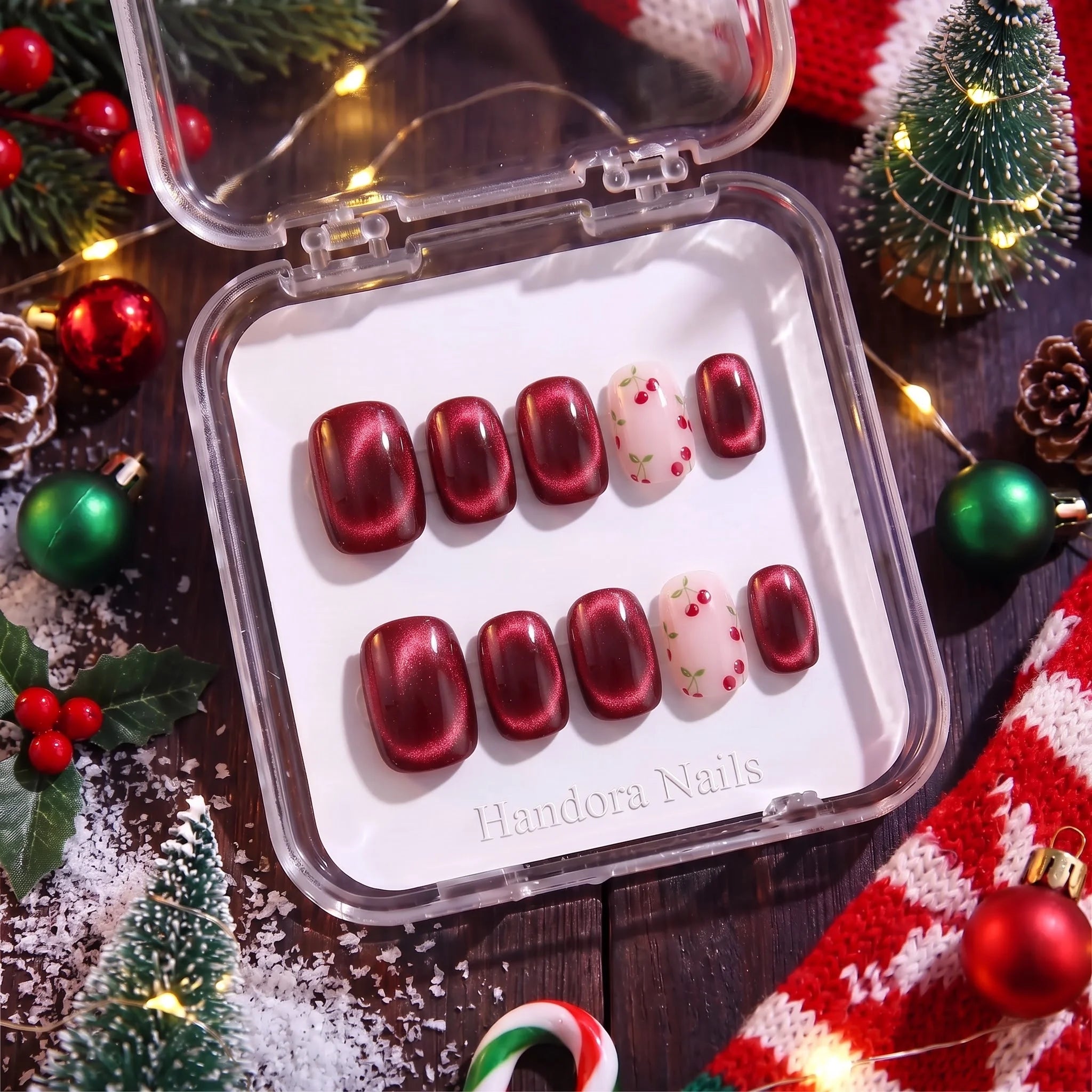 Cherry Glow Christmas press-on nails - design view 9 by Handora Nails