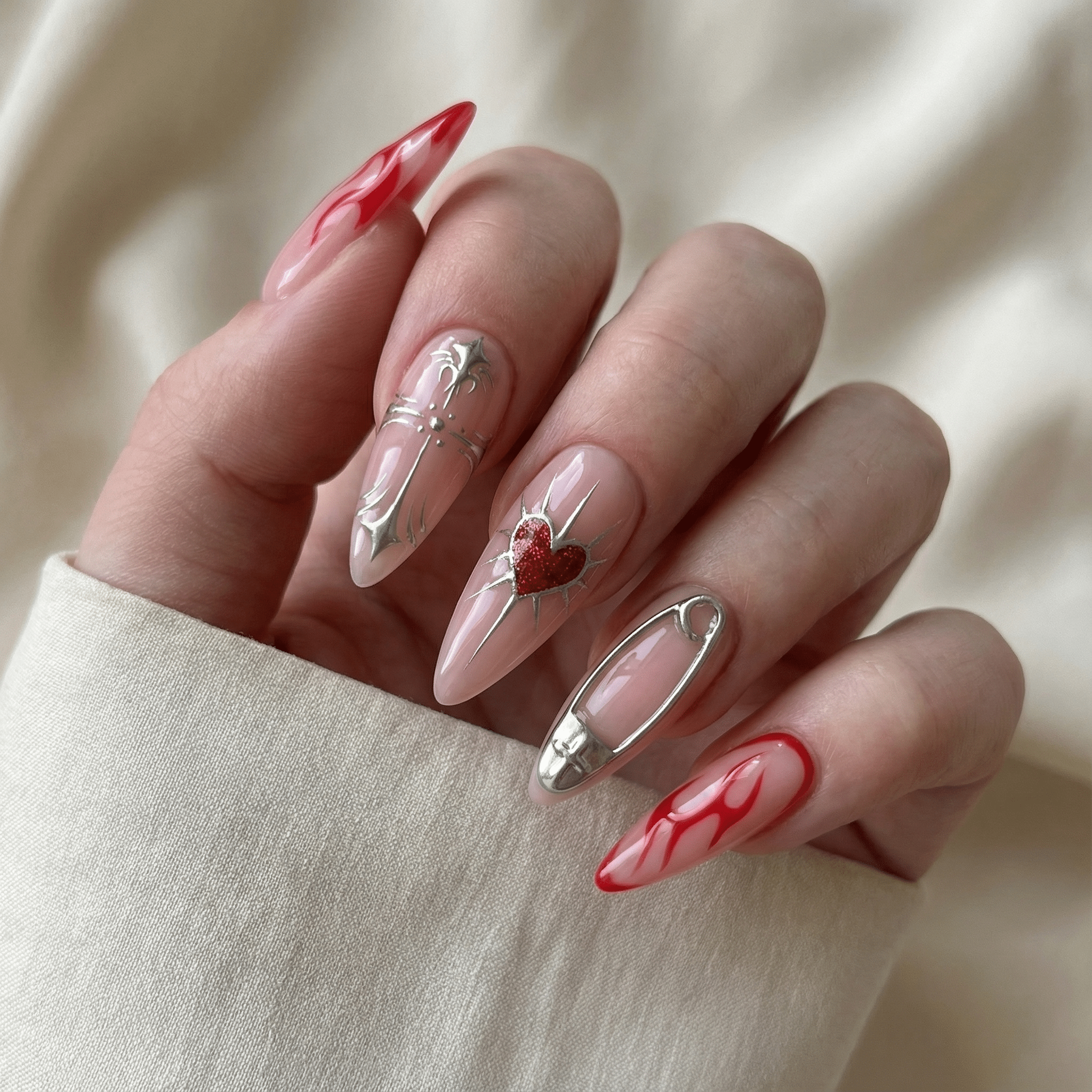 Cherry Spark press-on nails – hand-painted reusable gel set by Handora