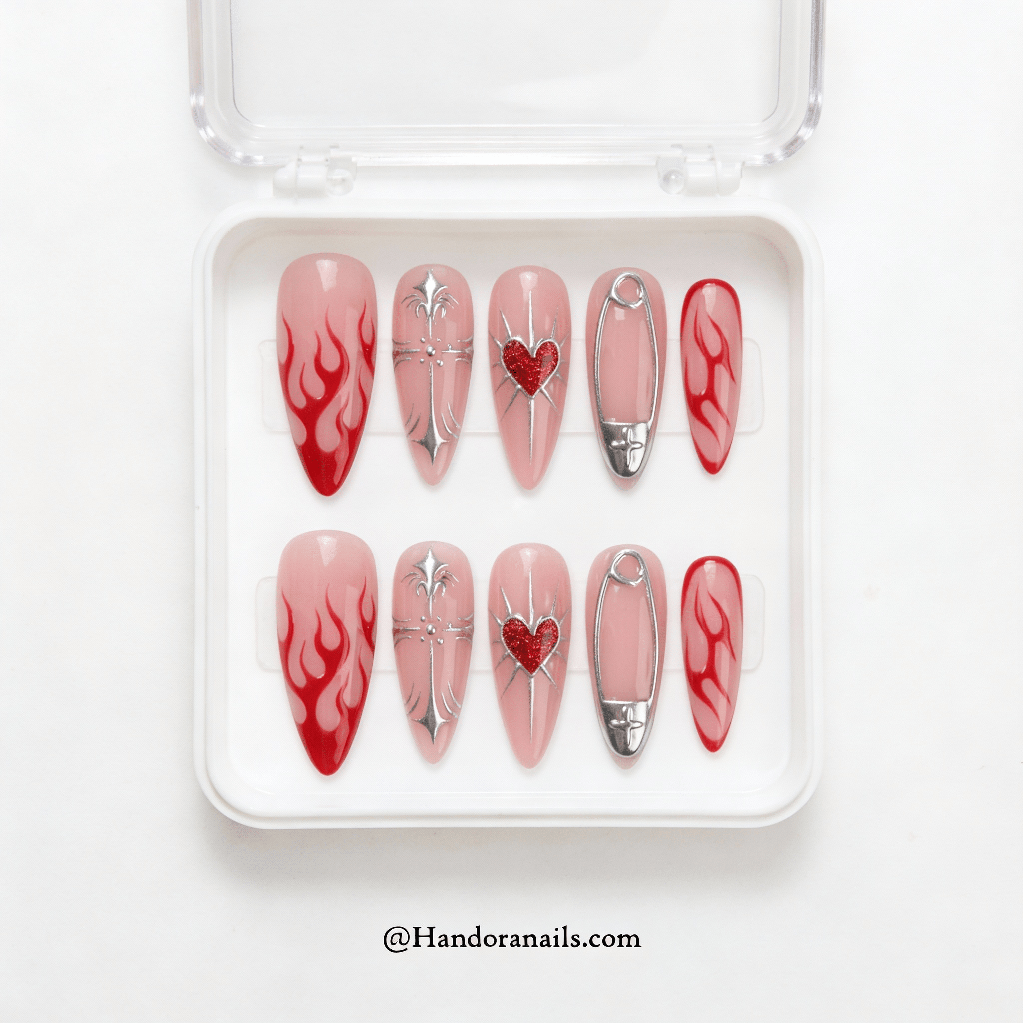 Cherry Spark press-on nails – design close-up by Handora
