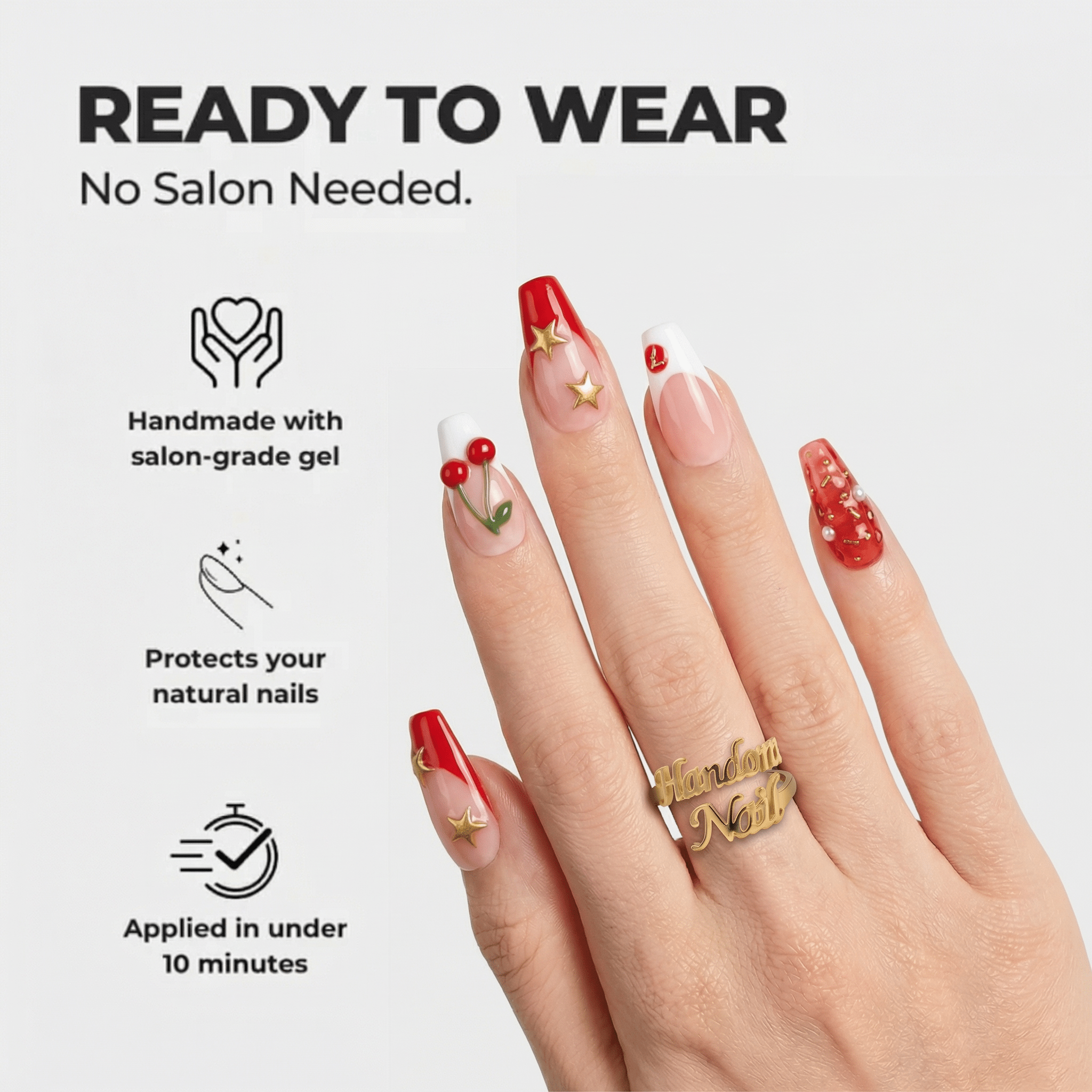 Cherry Star press-on nails – design close-up by Handora