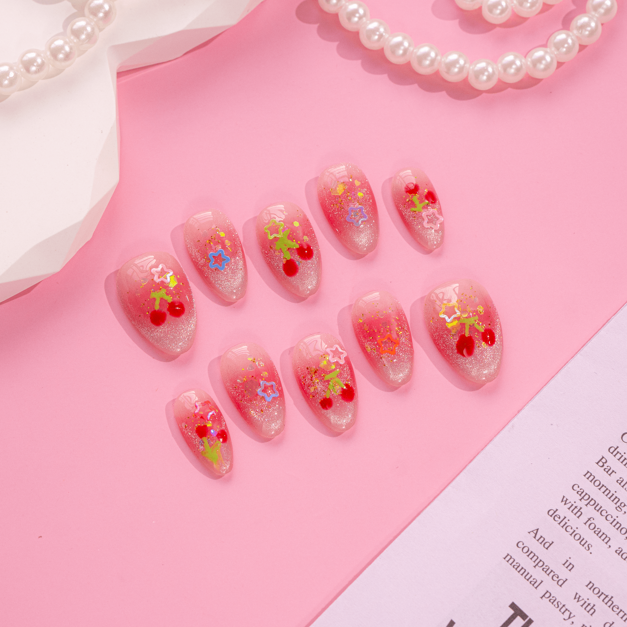 Cherry Starlet kawaii nail design – handmade press-on nails by Handora