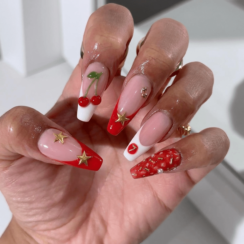 Cherry Star press-on nails – hand-painted reusable gel set by Handora