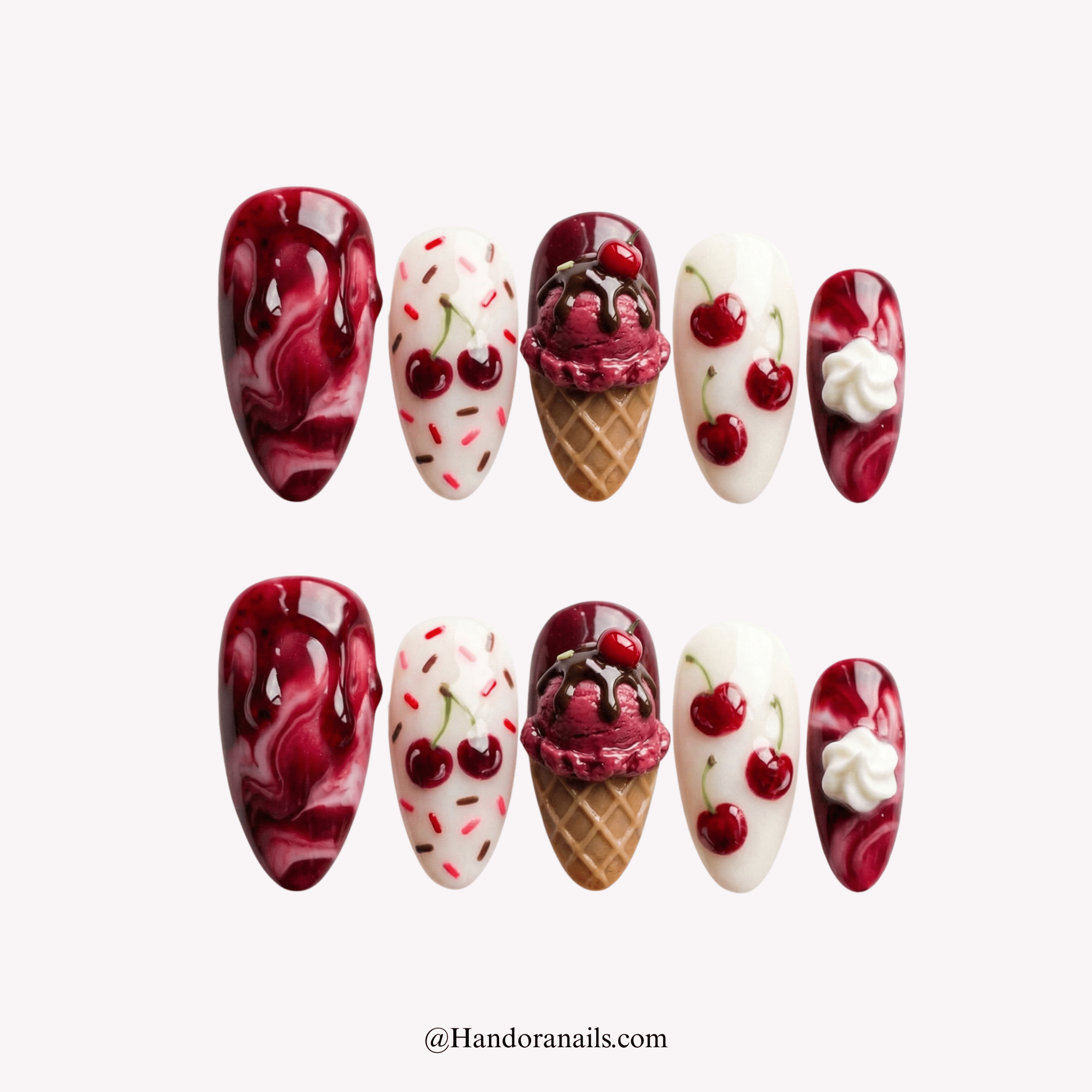 Cherry Sundae - Handora Nails - 3d nail artalmond nailscherry nails
