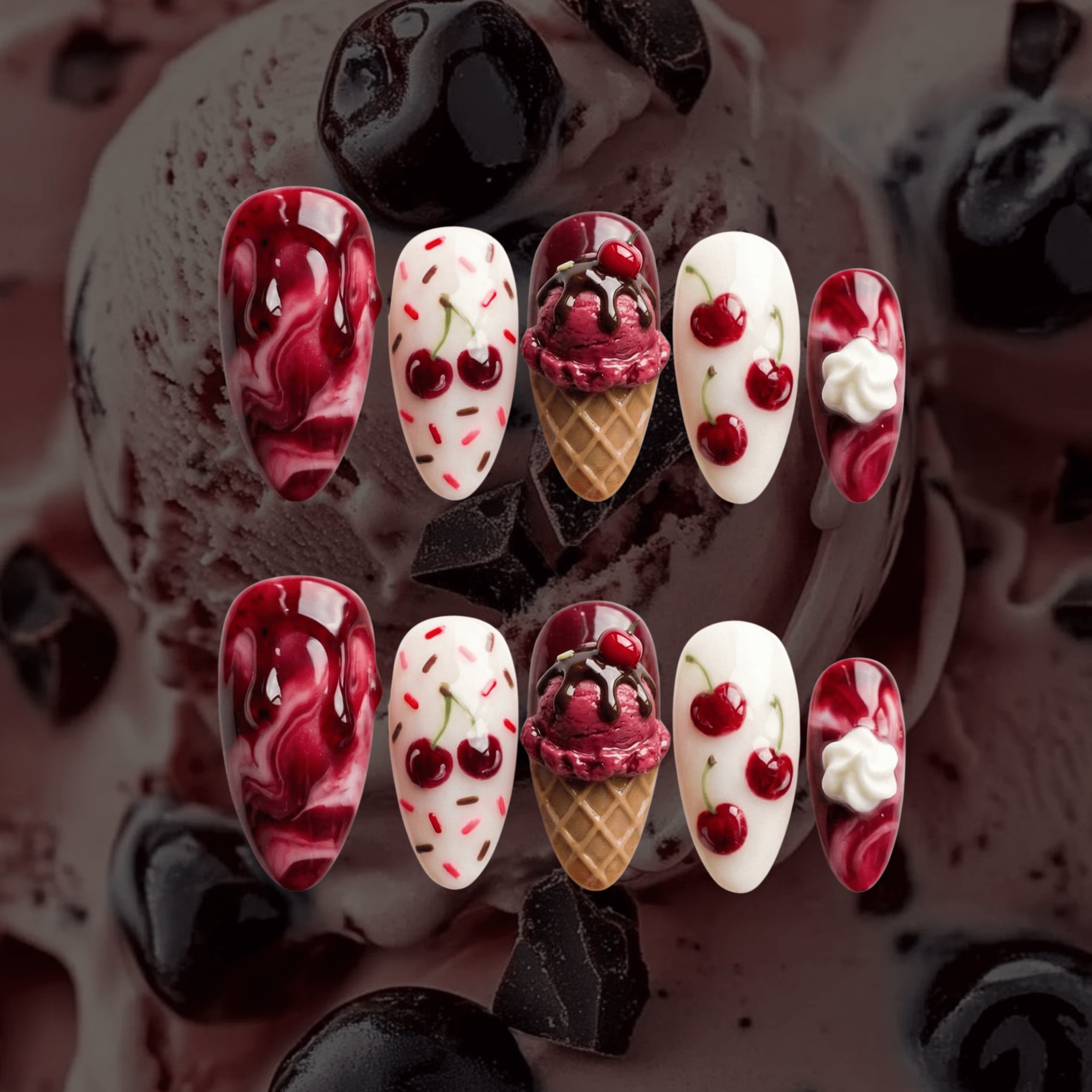 Cherry Sundae - Handora Nails - 3d nail artalmond nailscherry nails