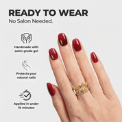 Cherry Velvet almond press-on nails – design close-up by Handora