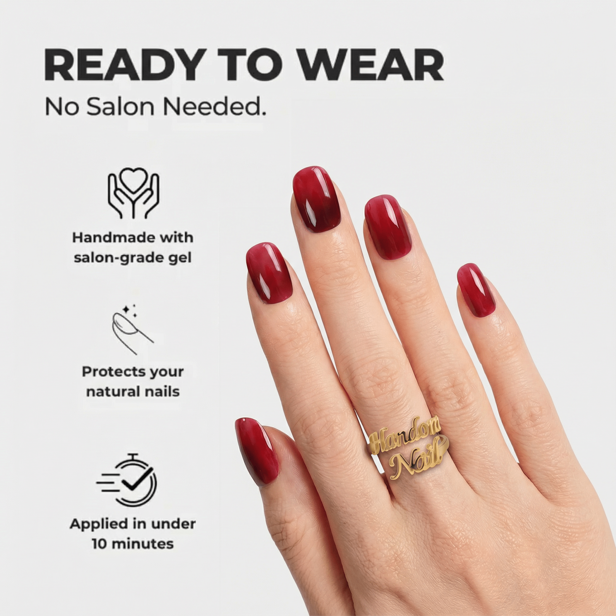 Cherry Velvet almond press-on nails – design close-up by Handora