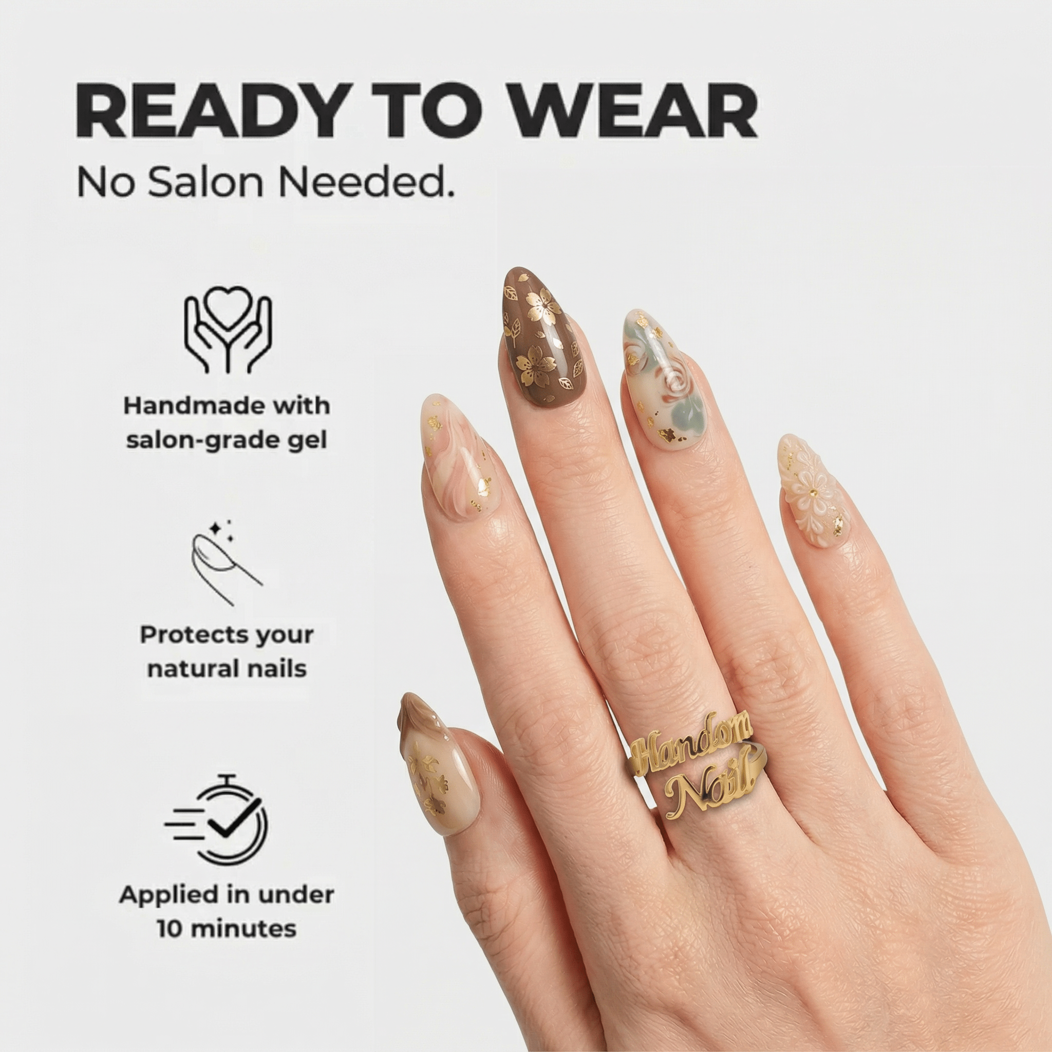 Choco Bloom press-on nails – hand-painted reusable gel set by Handora