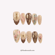 Choco Bloom almond floral press-on nails by Handora