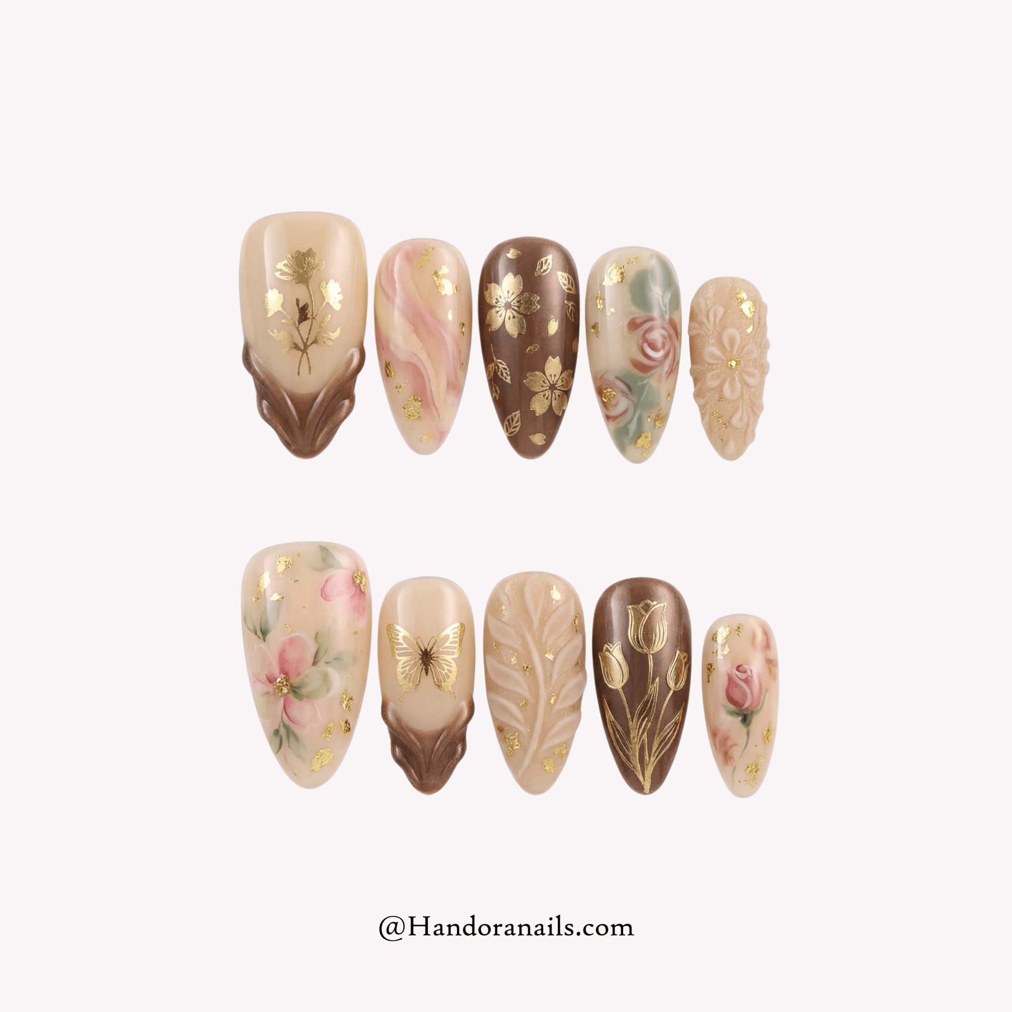 Choco Bloom almond floral press-on nails by Handora