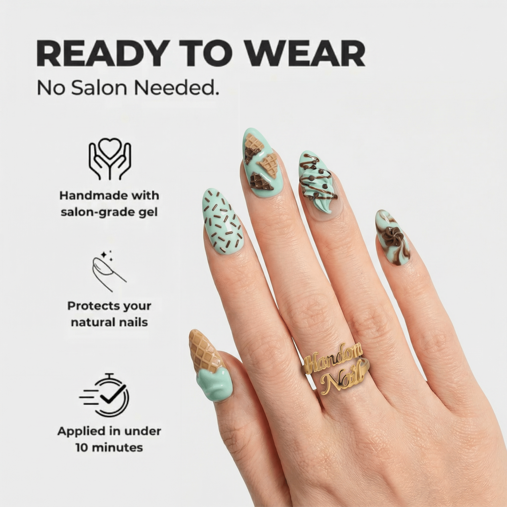 Choco Mint kawaii nail design – handmade press-on nails by Handora