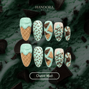 Choco Mint press-on nails – hand-painted reusable gel set by Handora