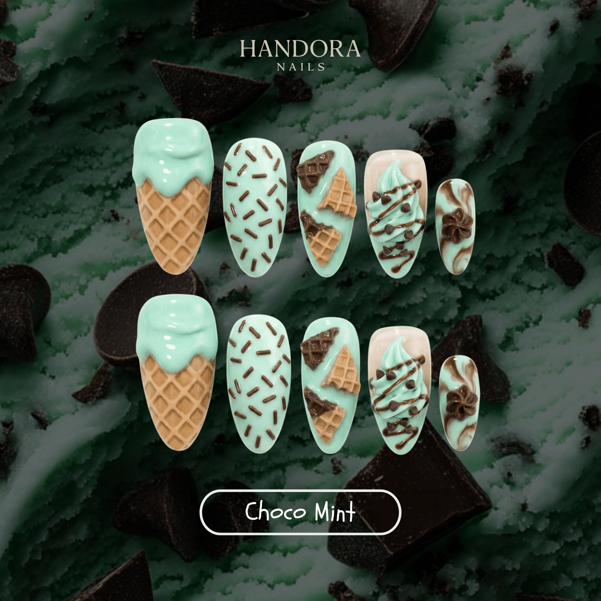 Choco Mint - Handora Nails - aesthetic nailsalmond press on nailschocolate nails