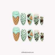 Choco Mint almond kawaii press-on nails by Handora
