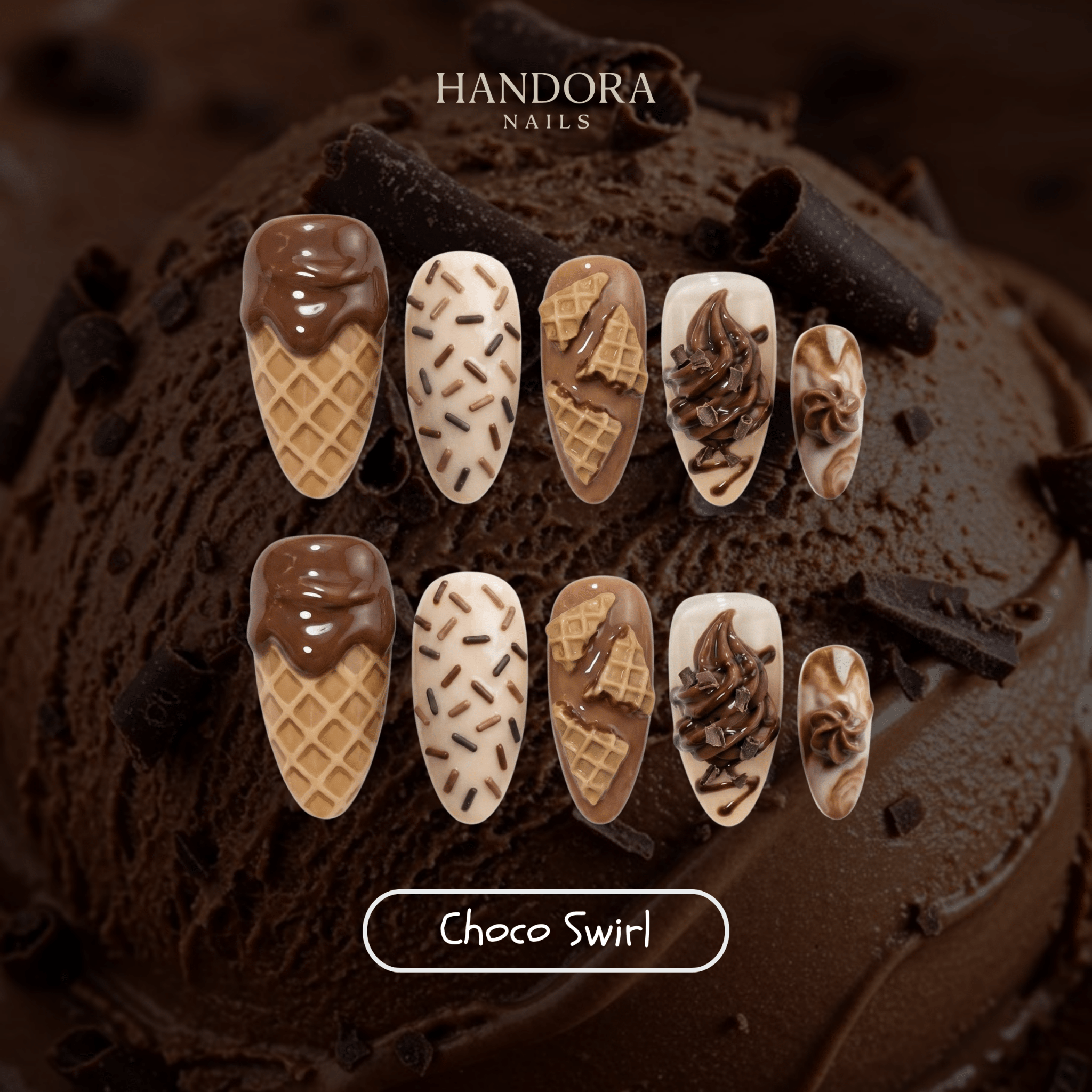 Choco Swirl press-on nails – hand-painted reusable gel set by Handora