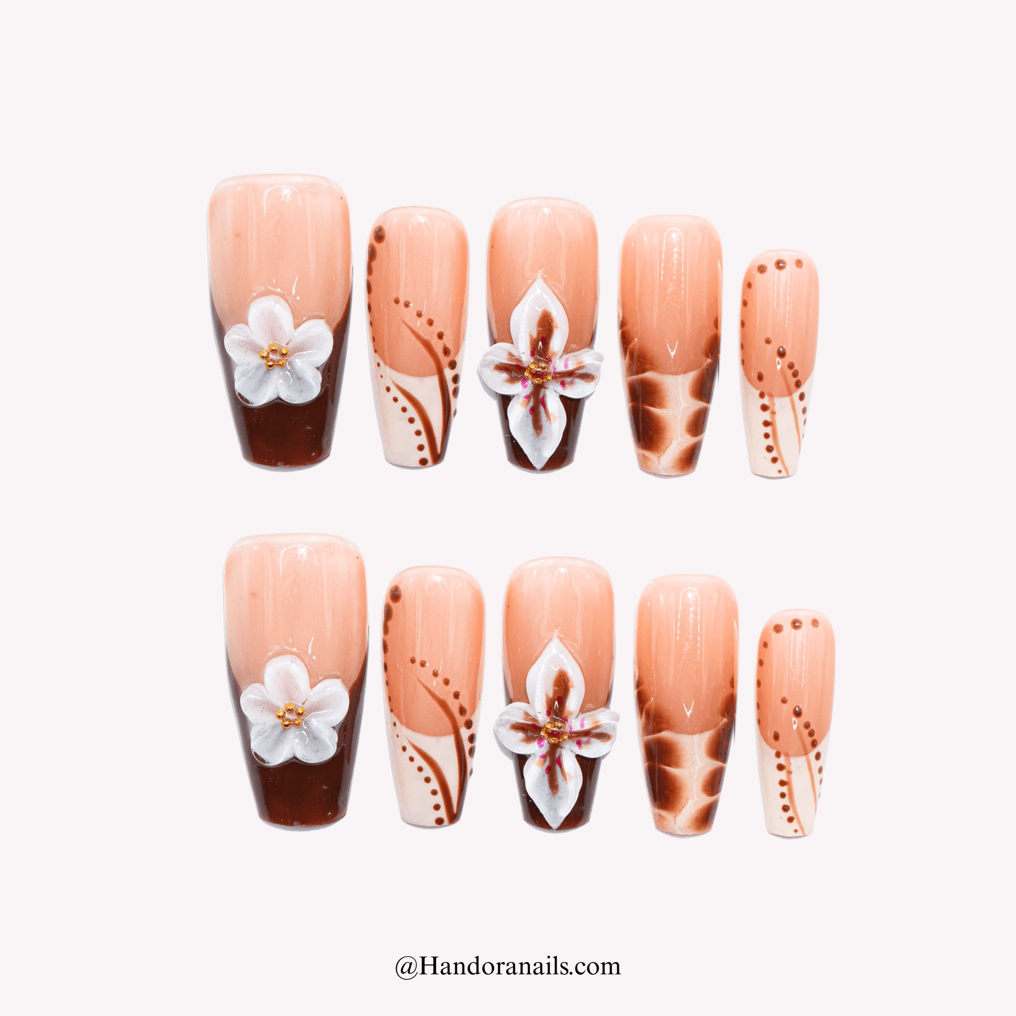 Chocolate Blossom brown coffin floral press-on nails by Handora