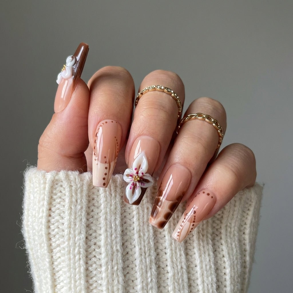 Chocolate Blossom press-on nails – hand-painted reusable gel set by Handora