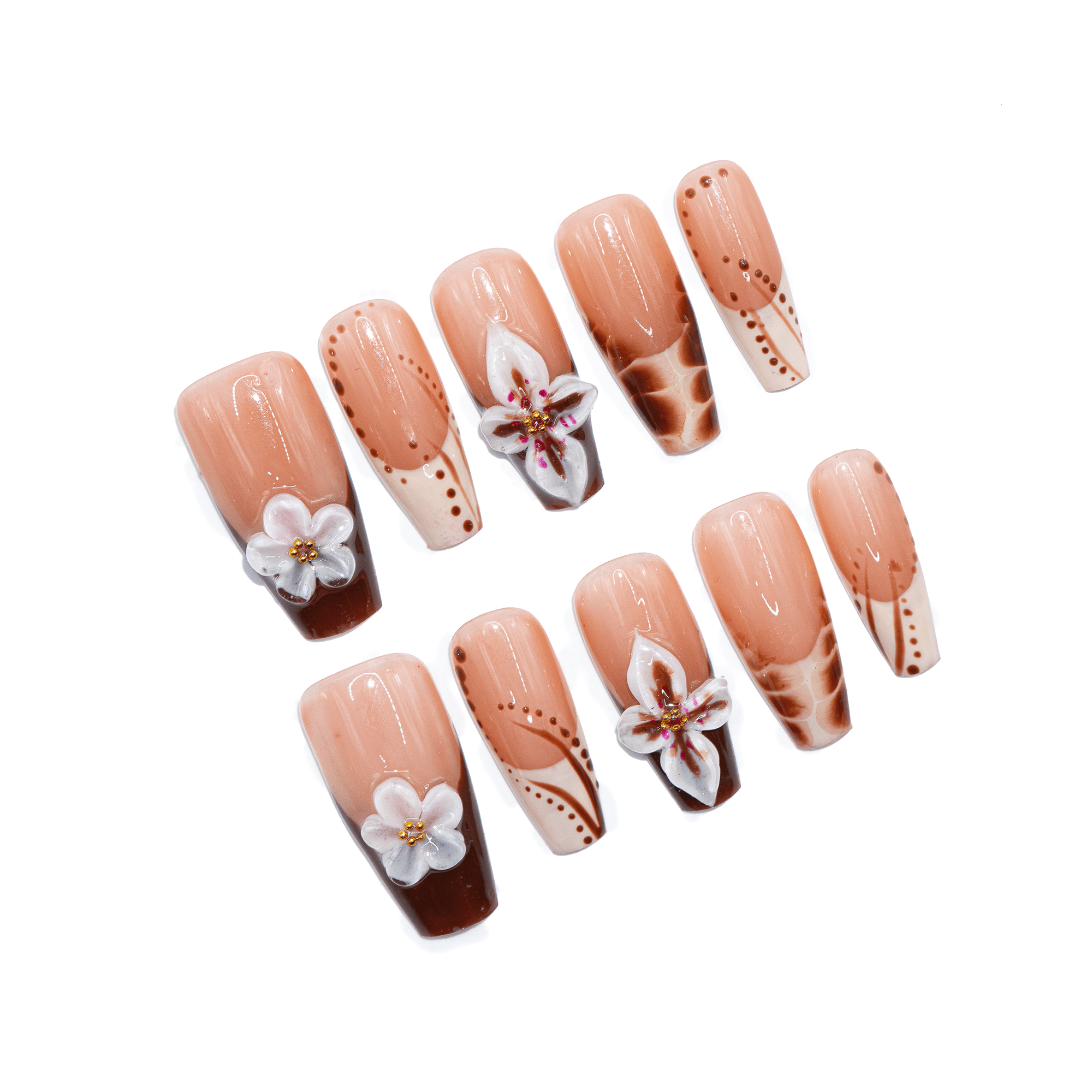 Chocolate Blossom coffin press-on nails – design close-up by Handora