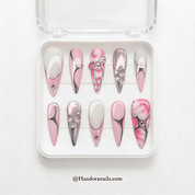 Chrome Coquette press-on nails – design close-up by Handora
