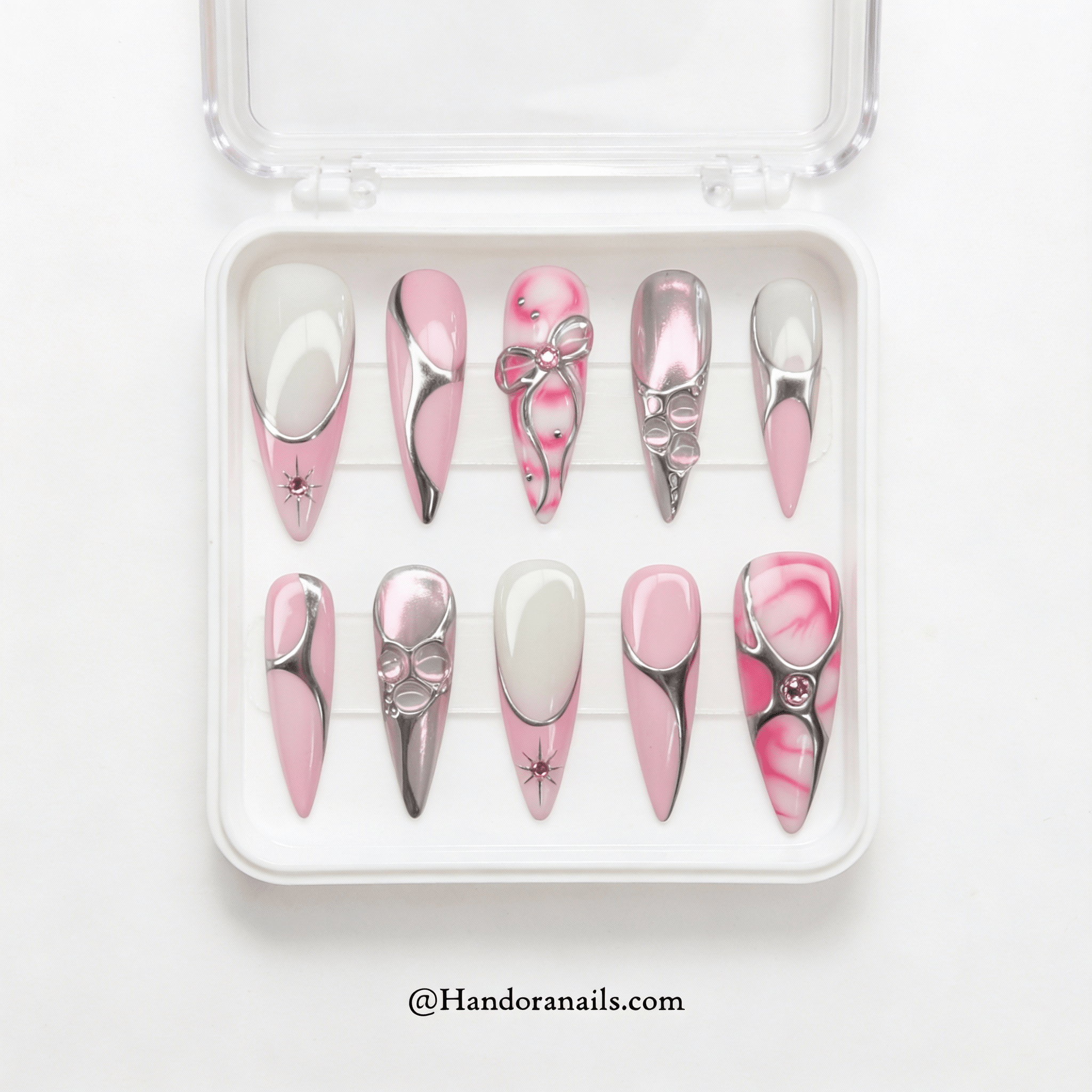 Chrome Coquette press-on nails – design close-up by Handora