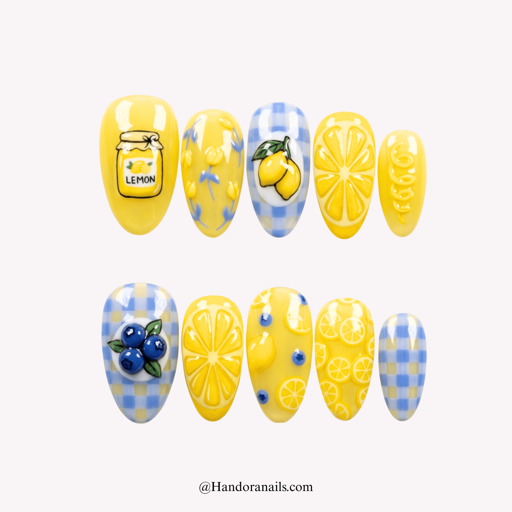 Citrus Berry almond 3d press-on nails by Handora