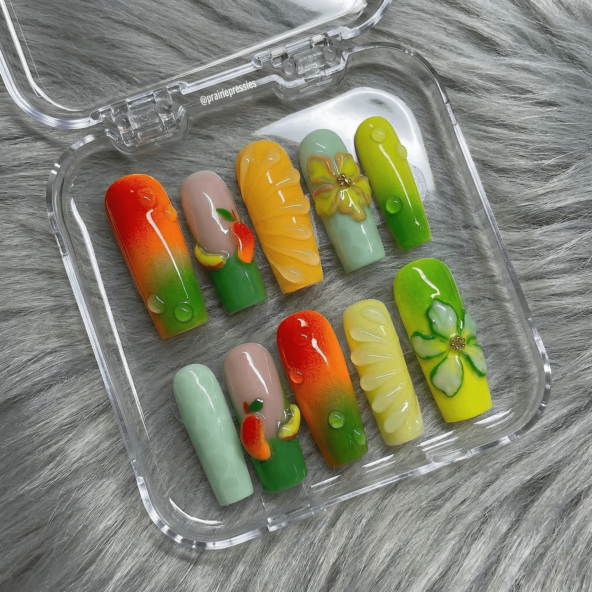 Citrus Bloom 3d nail design – handmade press-on nails by Handora
