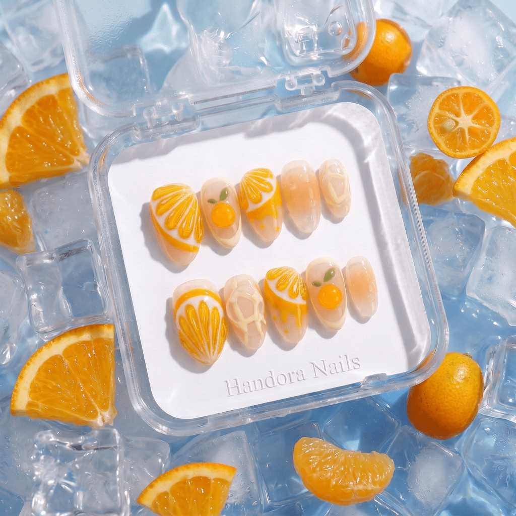 Citrus Drop press-on nails – hand-painted reusable gel set by Handora