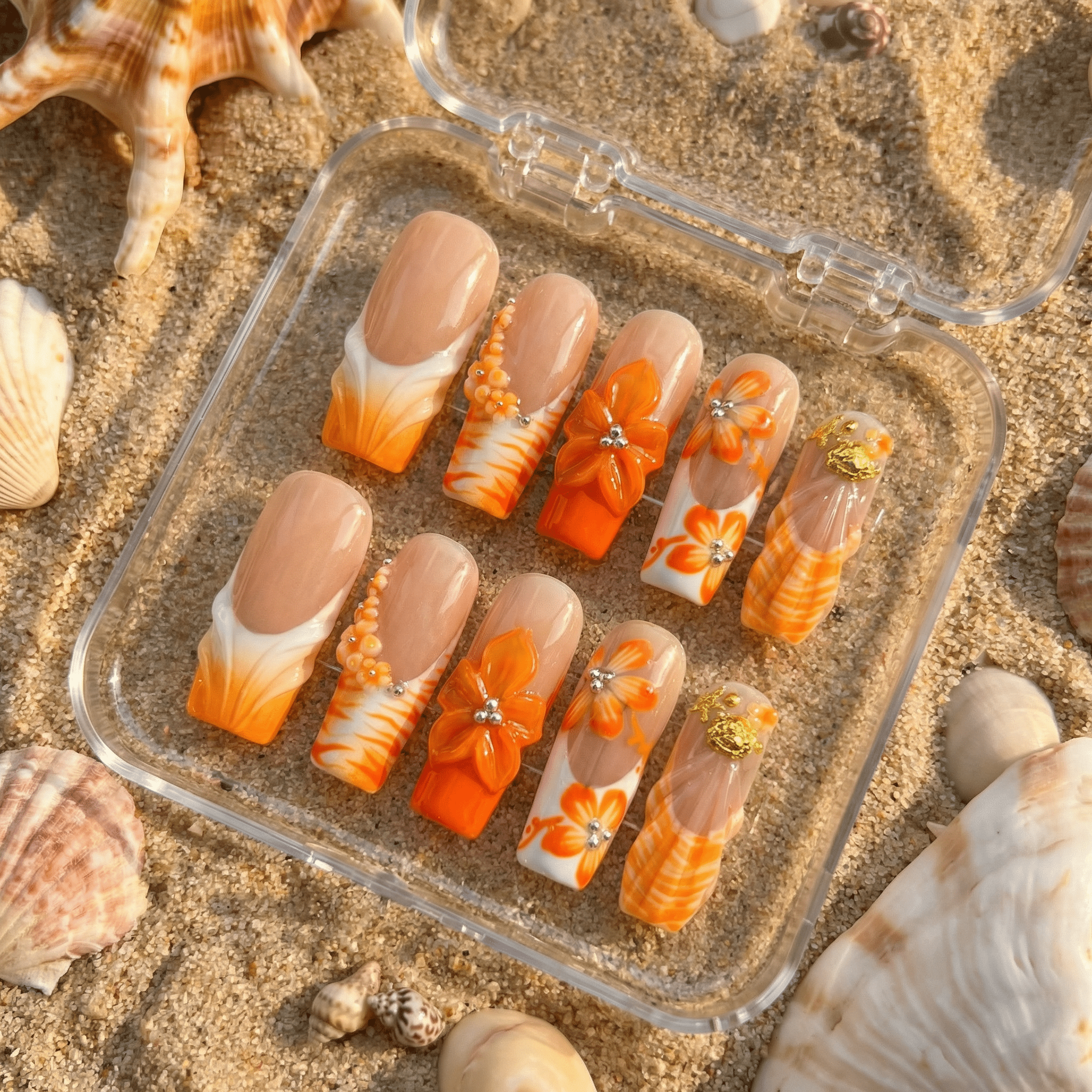 Citrus Flora press-on nails – hand-painted reusable gel set by Handora