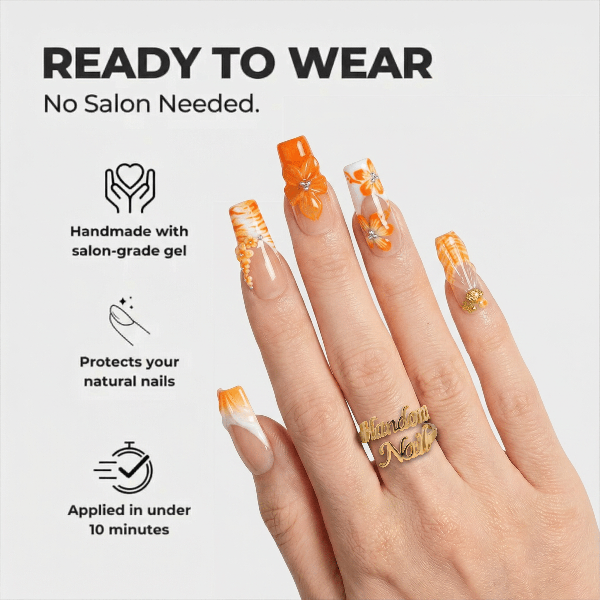 Citrus Flora floral nail design – handmade press-on nails by Handora