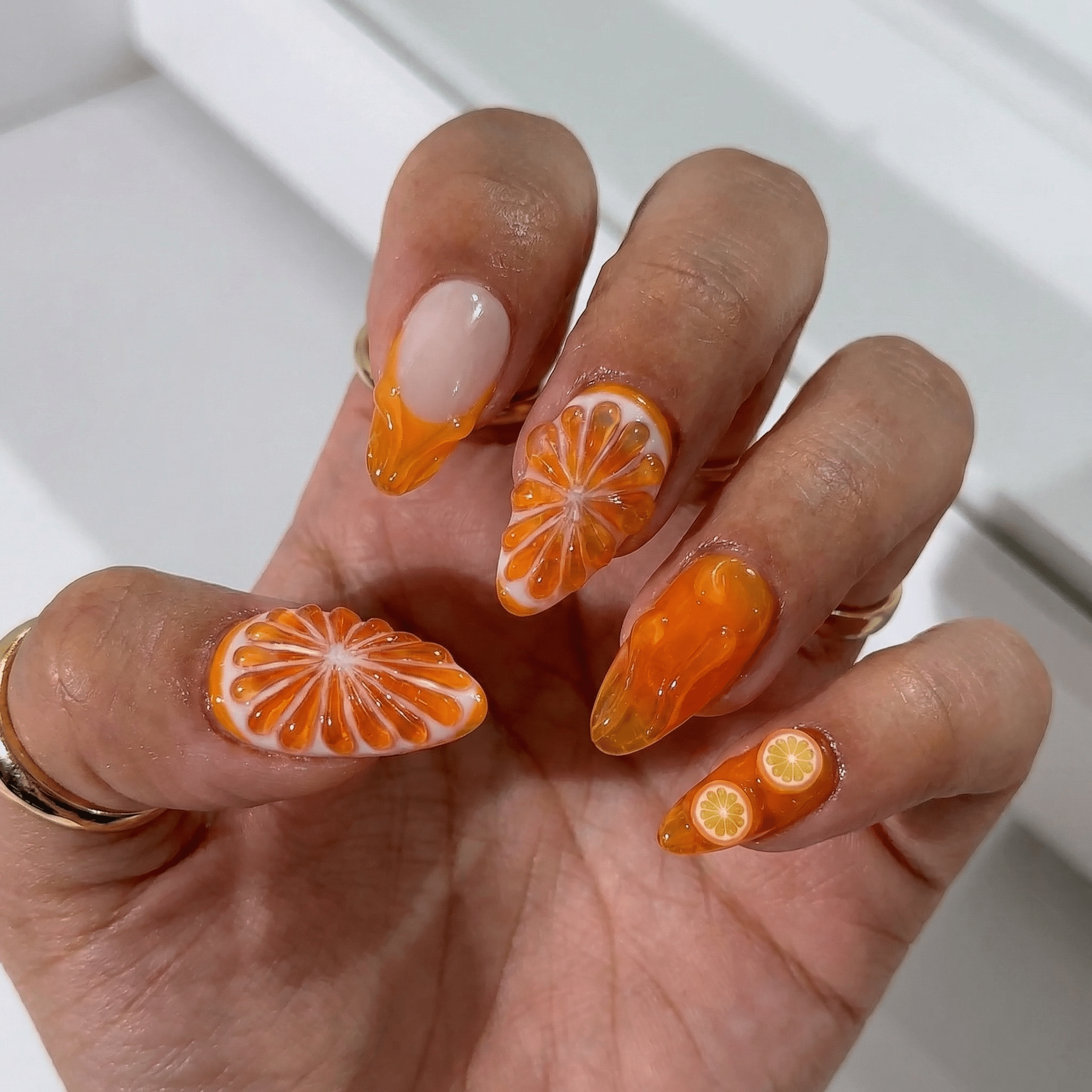 Citrus Glow press-on nails – hand-painted reusable gel set by Handora