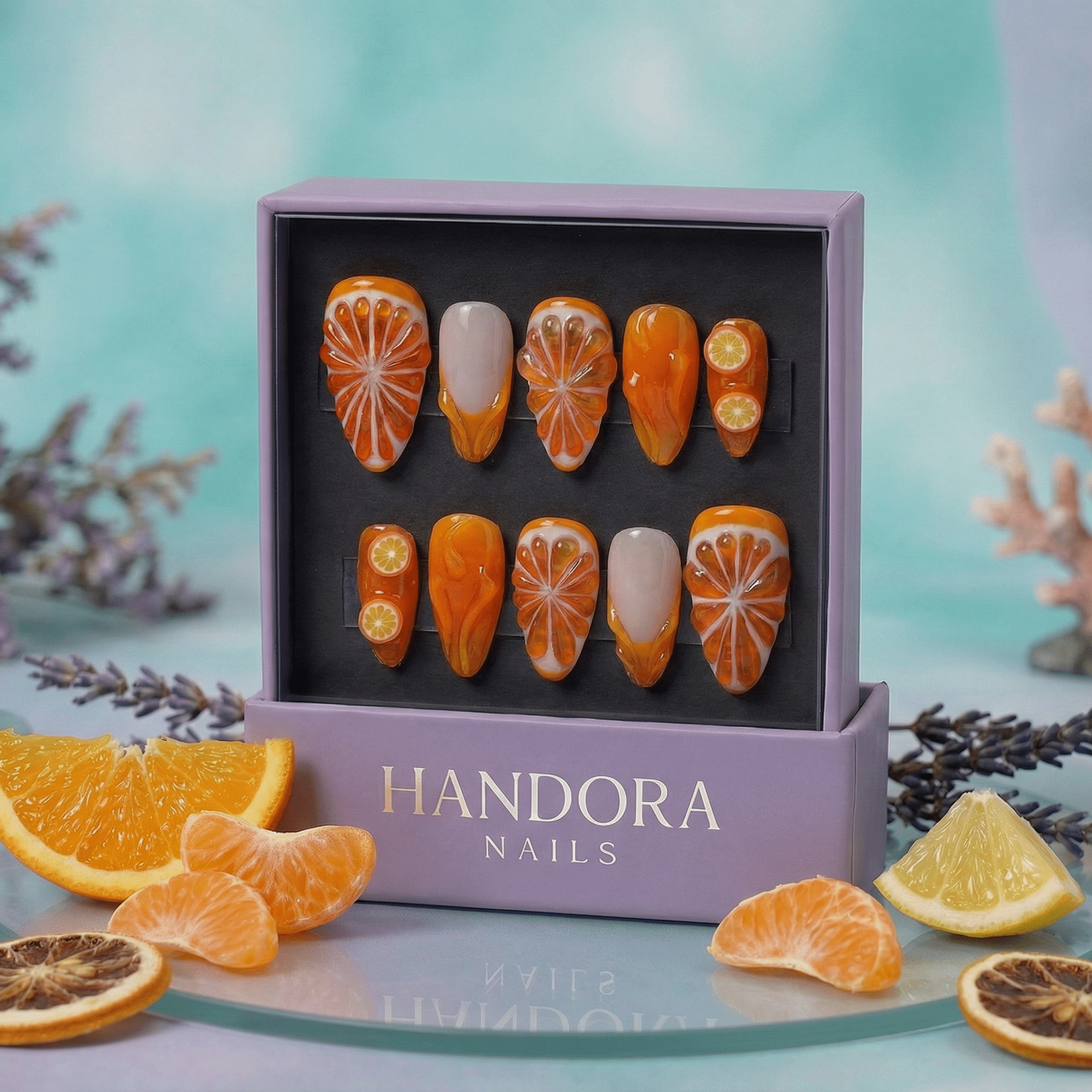 Citrus Glow press-on nails – design close-up by Handora