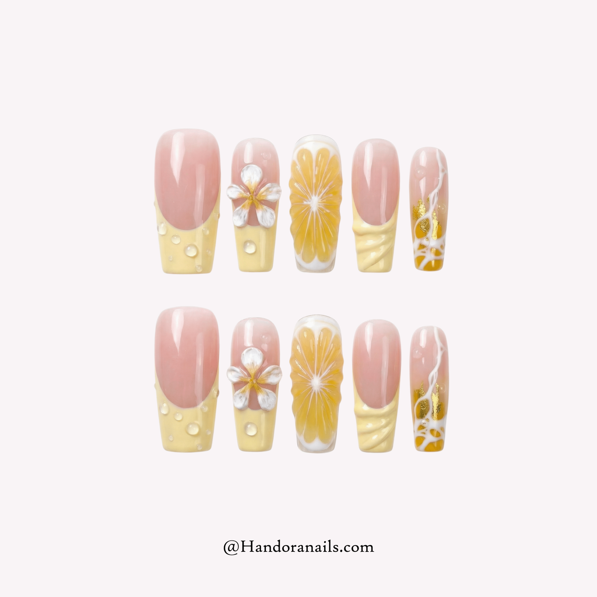 Citrus Plumeria floral press-on nails by Handora