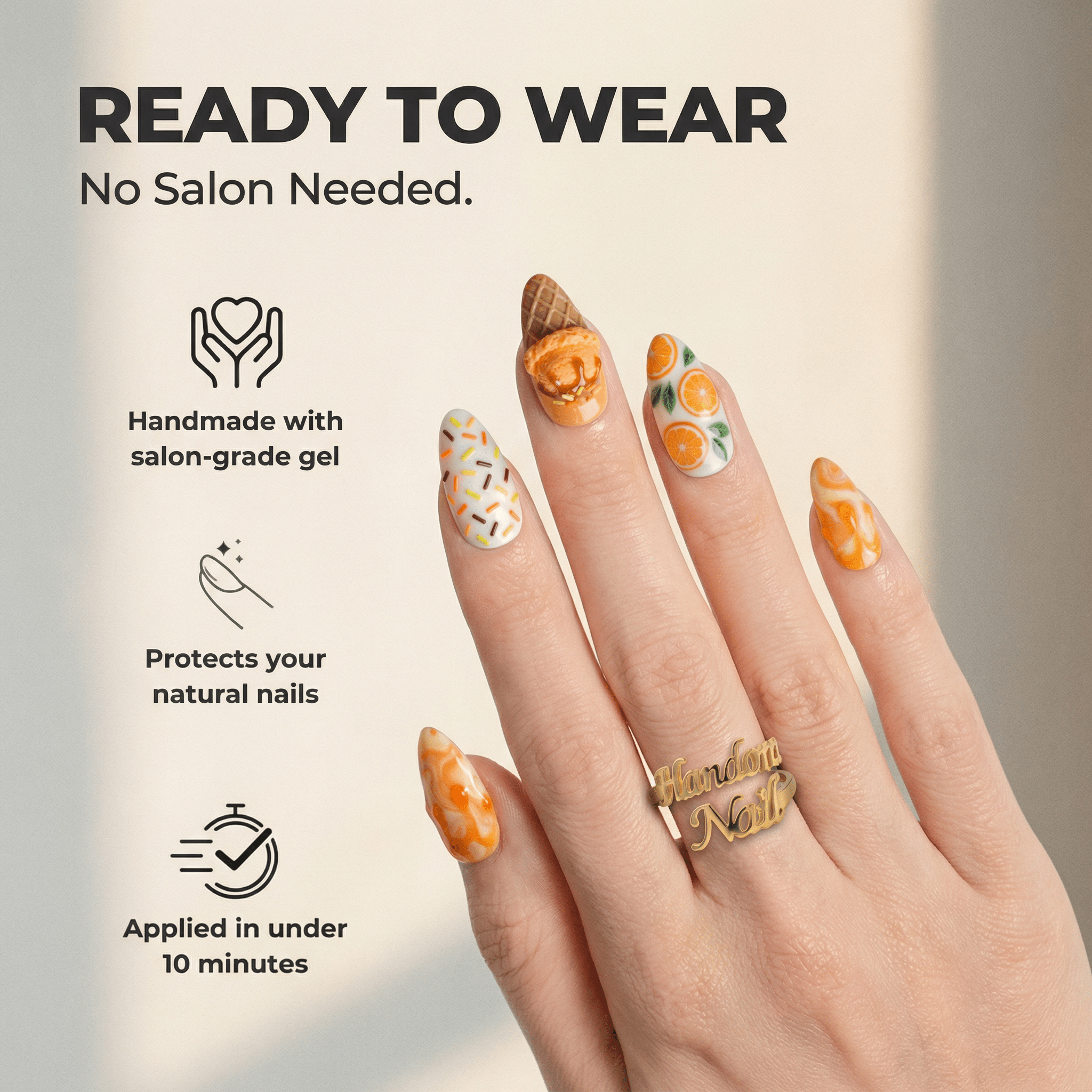 Citrus Sundae press-on nails – design close-up by Handora