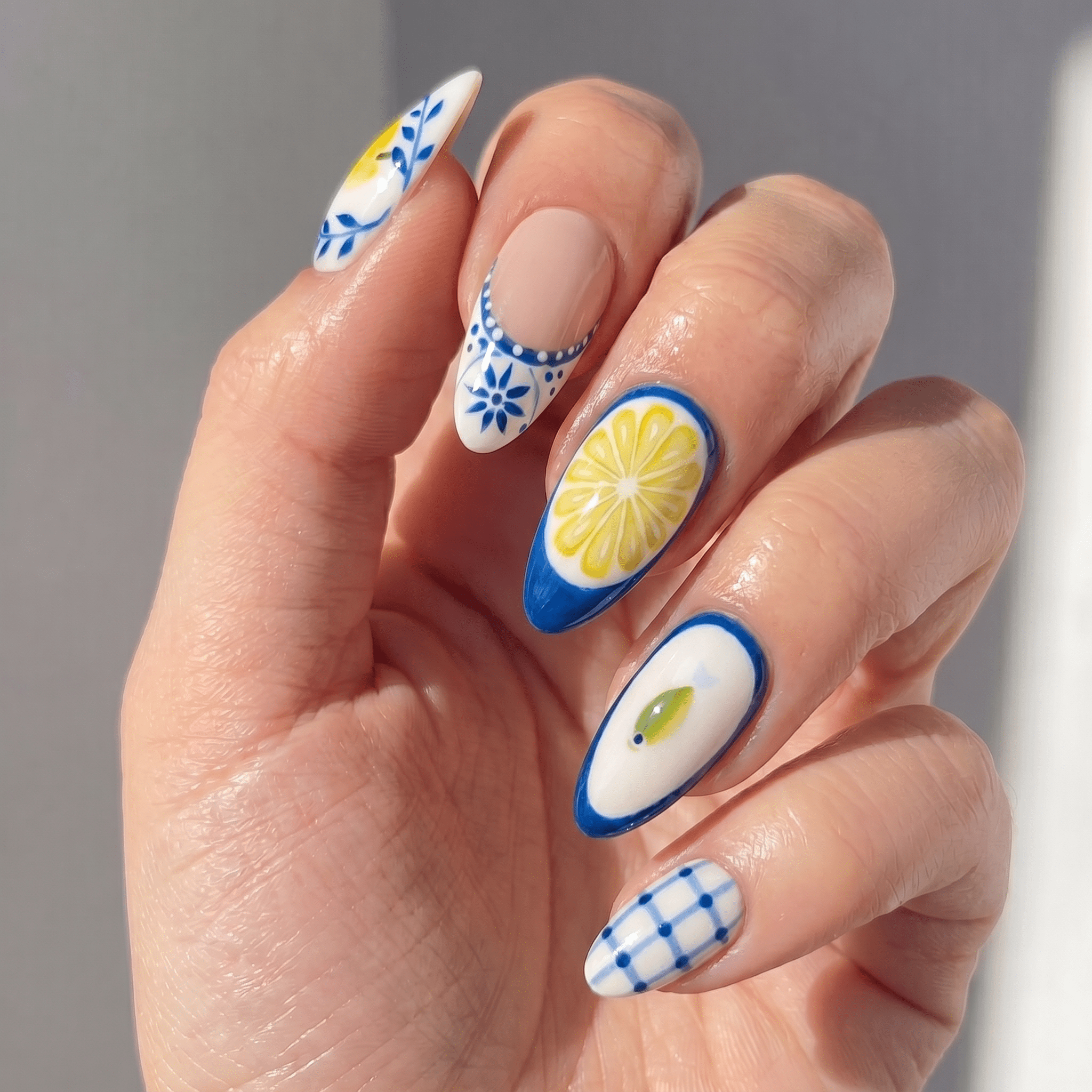 Citrus Tile press-on nails – hand-painted reusable gel set by Handora