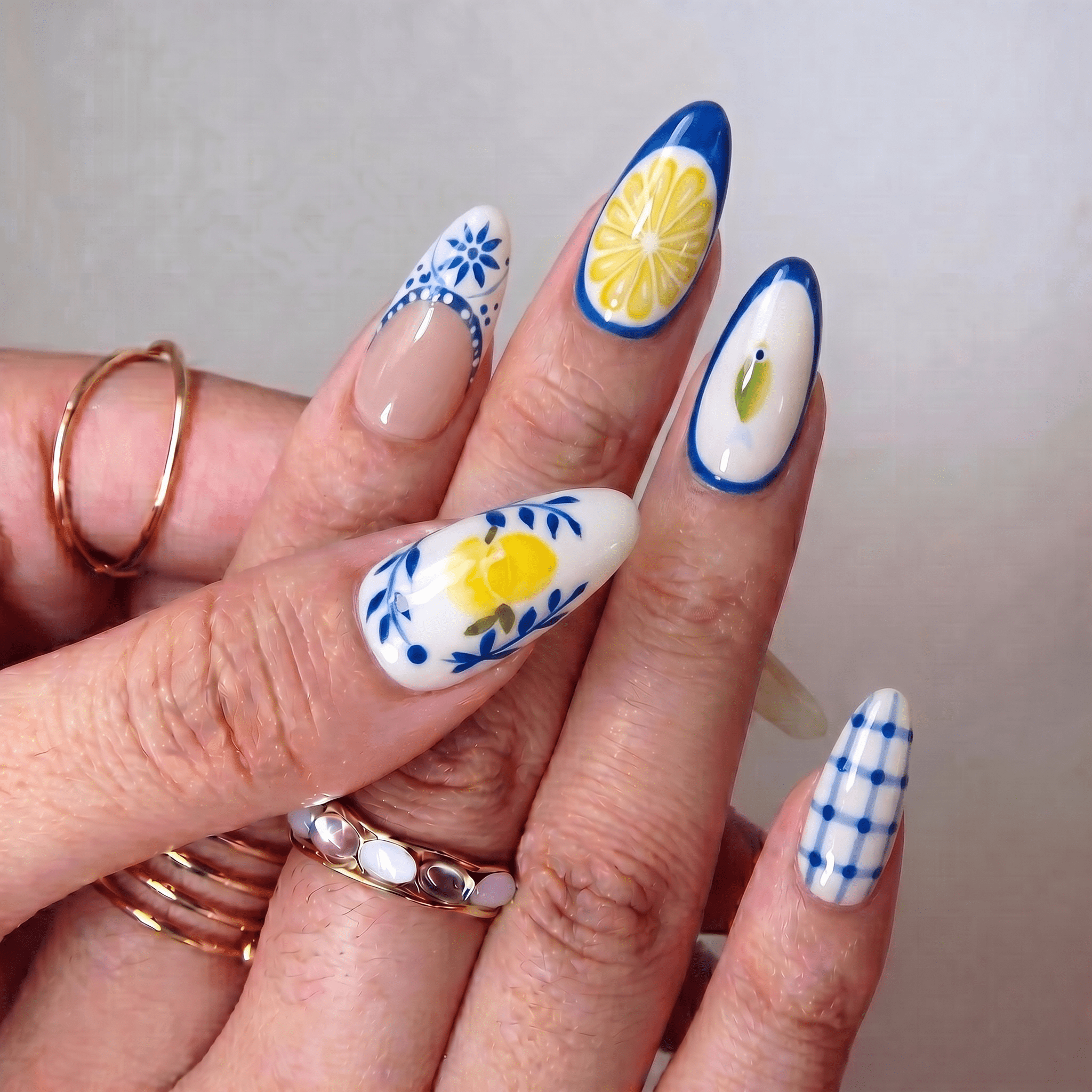 Citrus Tile almond press-on nails – design close-up by Handora