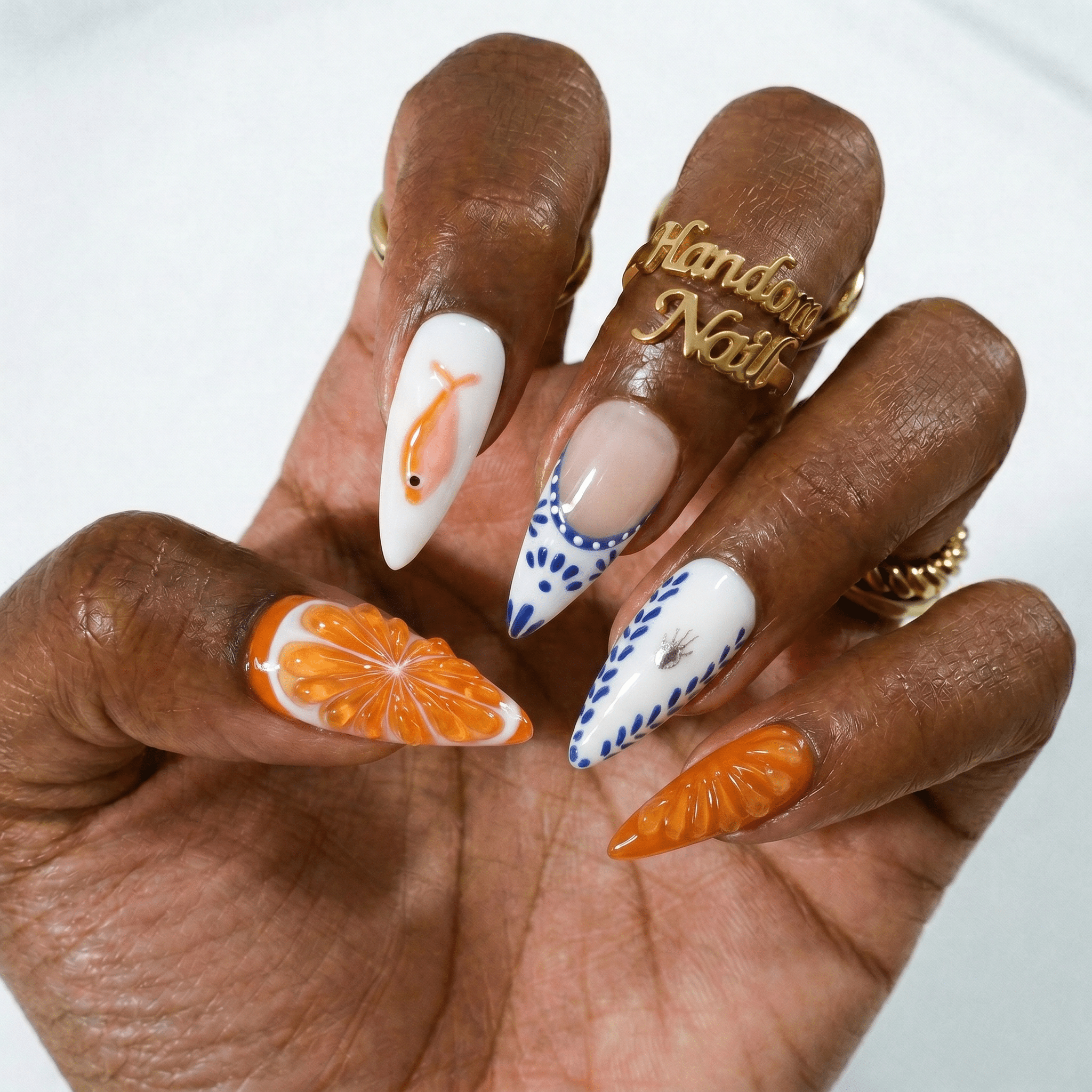 Citrus Voyage almond press-on nails – design close-up by Handora