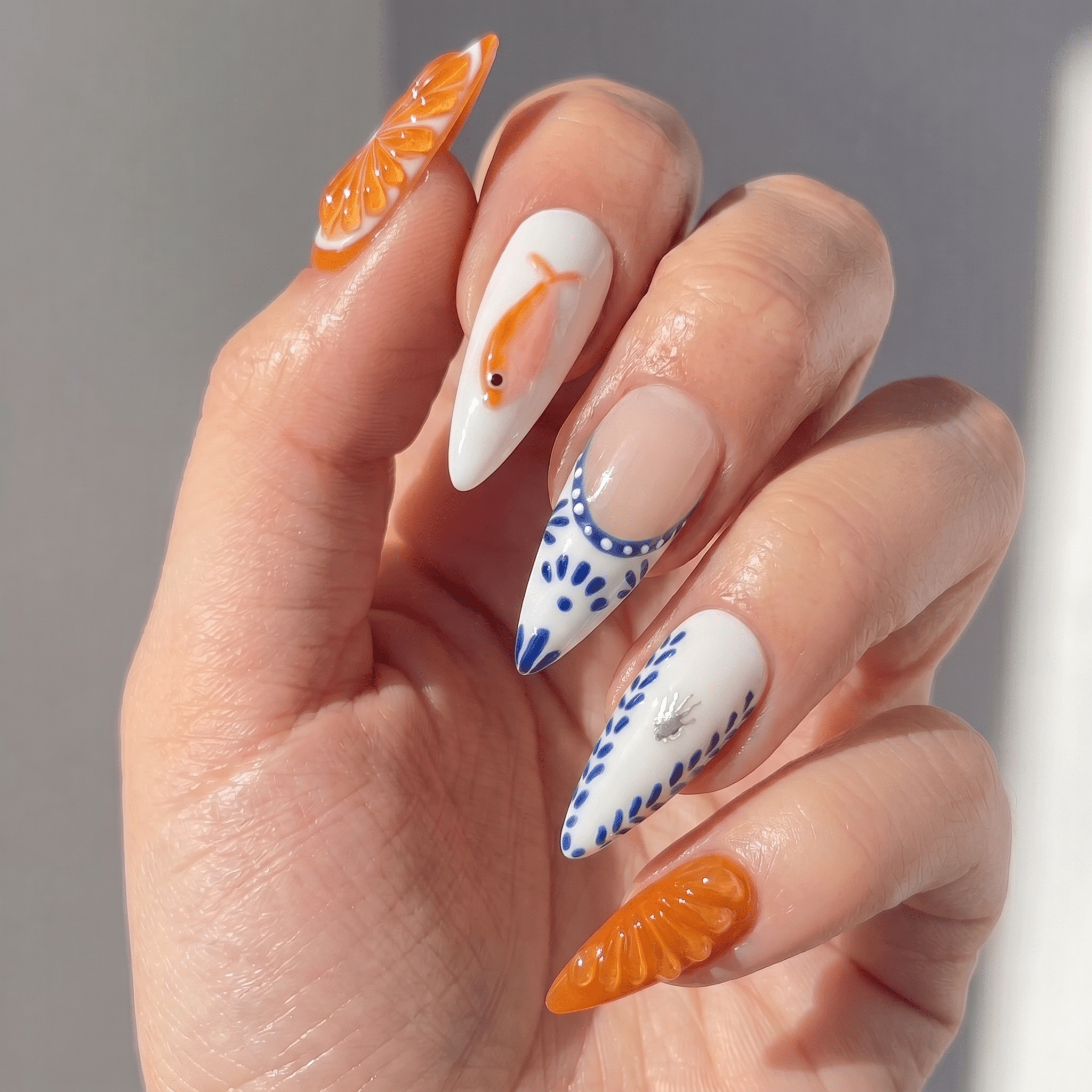 Citrus Voyage press-on nails – hand-painted reusable gel set by Handora
