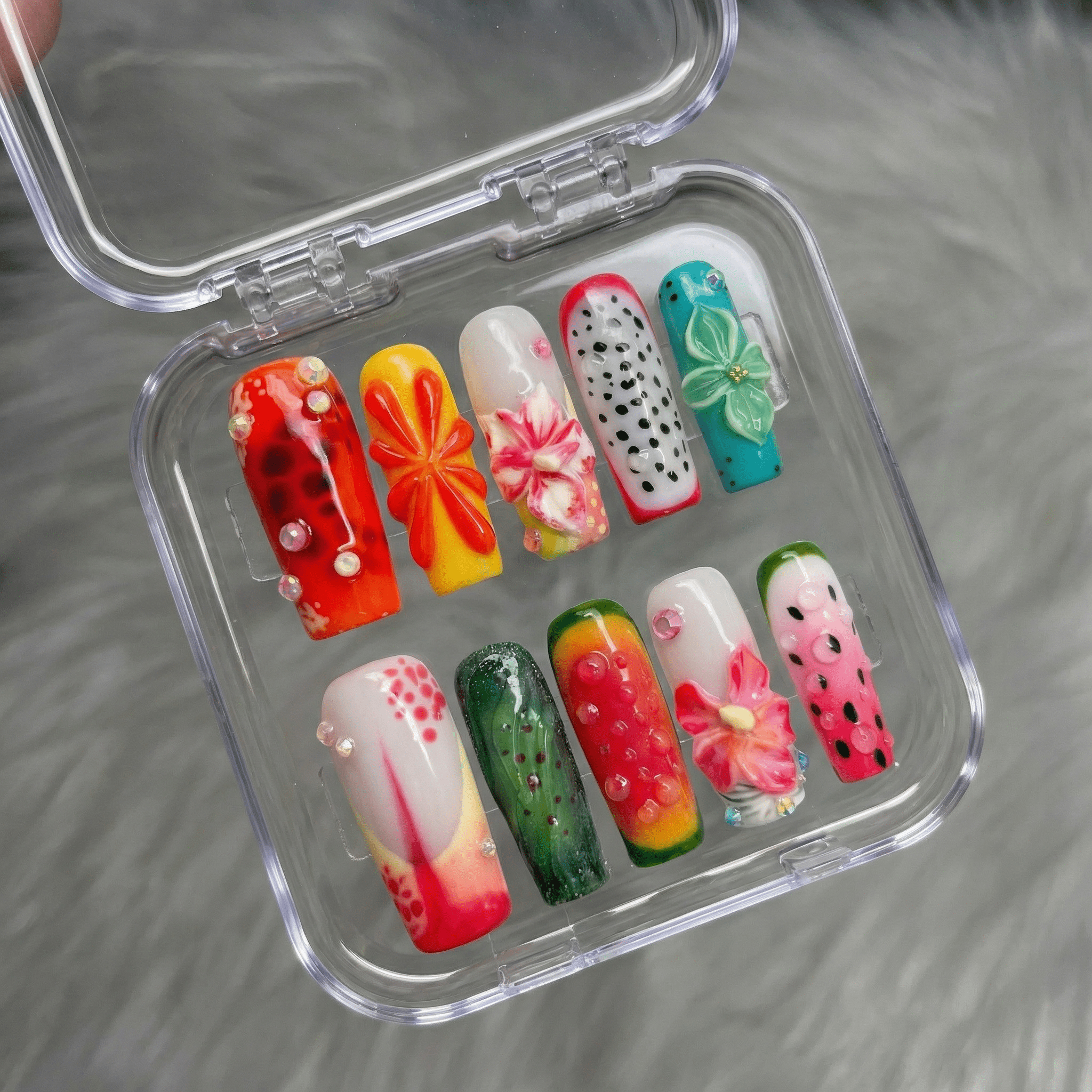 Citrus Zest press-on nails – hand-painted reusable gel set by Handora