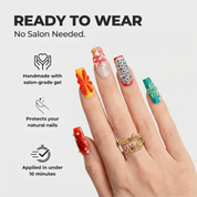 Citrus Zest almond press-on nails – design close-up by Handora