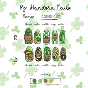 Clover Cat press-on nails worn on hand – almond shape by Handora