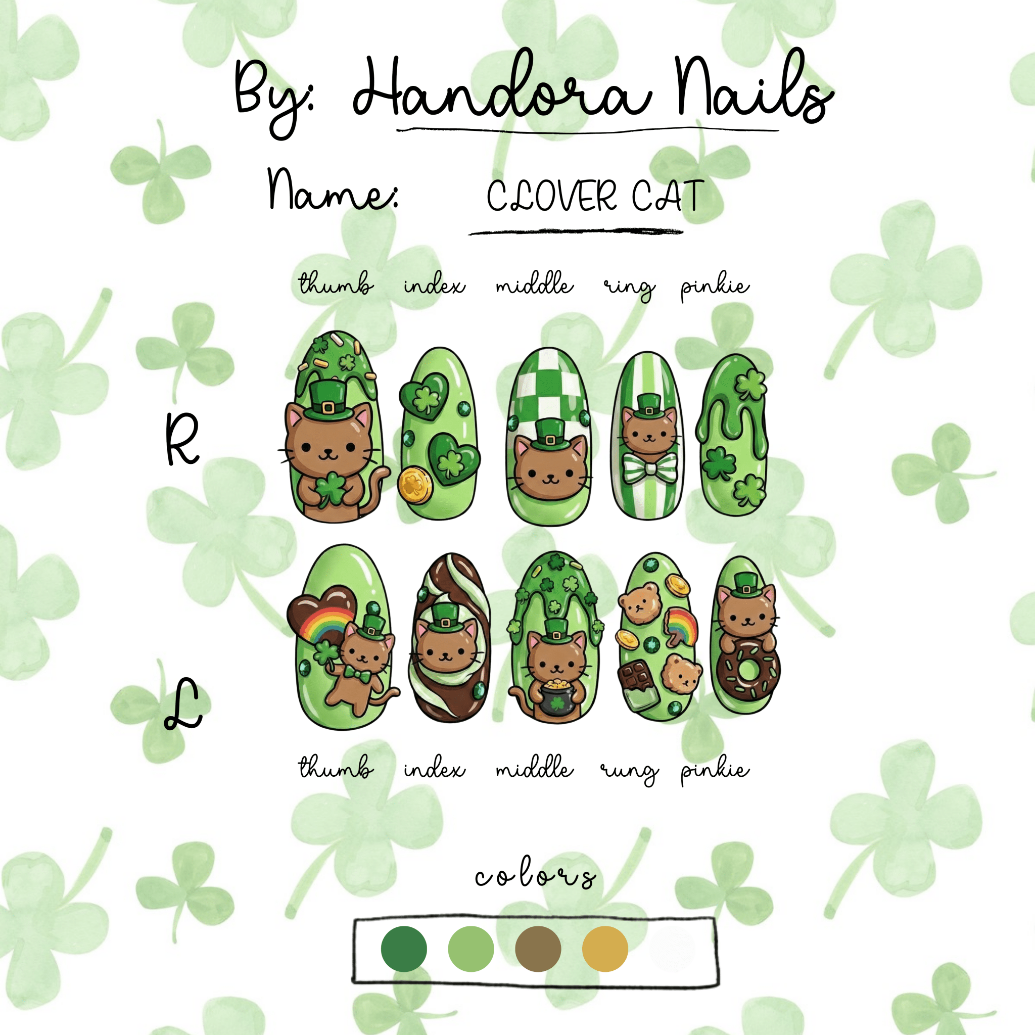 Clover Cat press-on nails worn on hand – almond shape by Handora