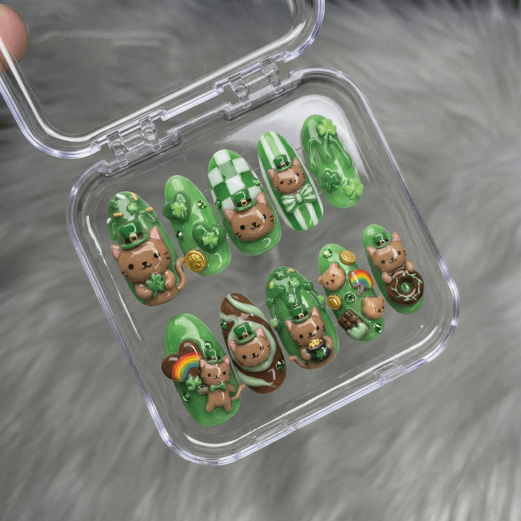 Clover Cat 3d nail design – handmade press-on nails by Handora