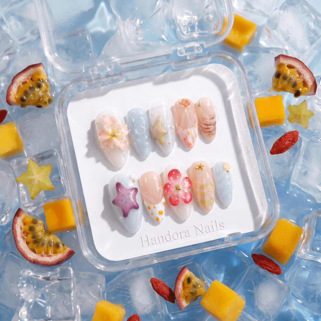 Coastal Wonders press-on nails – hand-painted reusable gel set by Handora