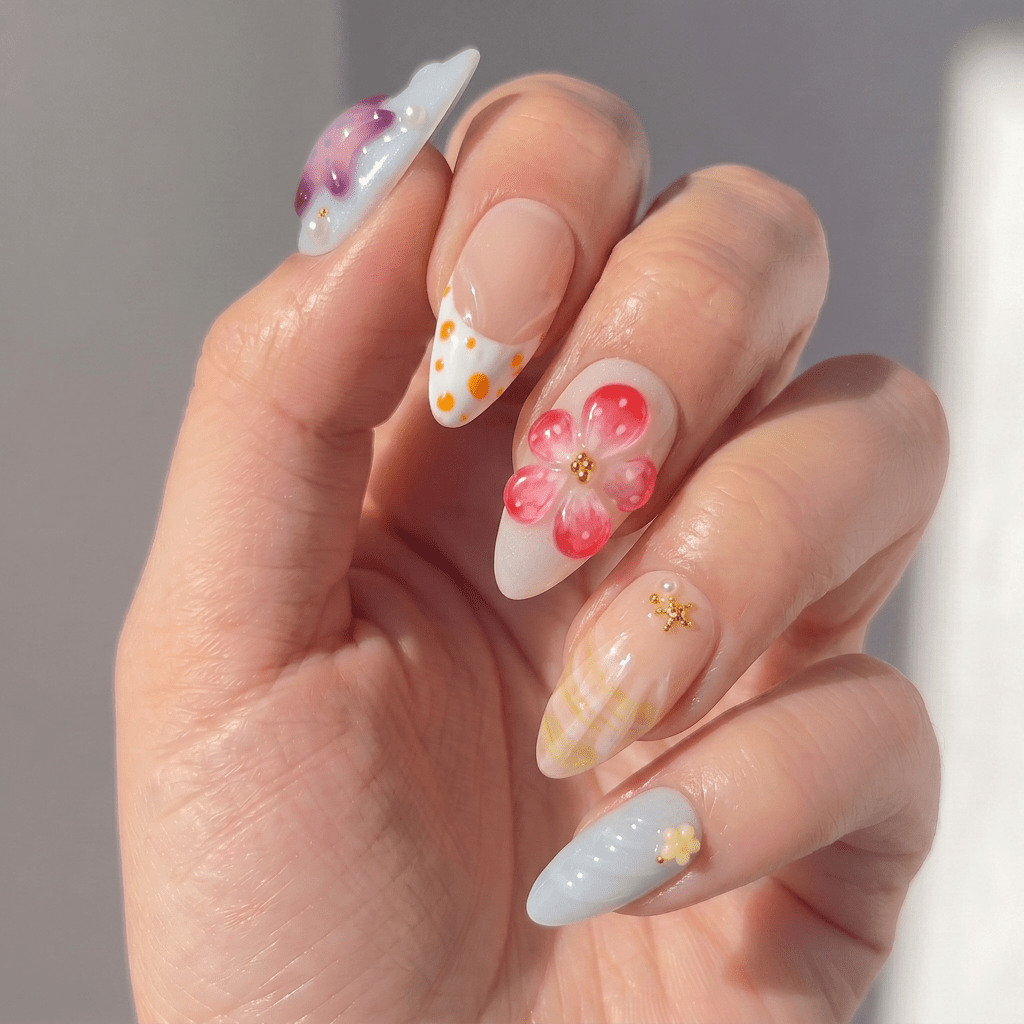 Coastal Wonders floral nail design – handmade press-on nails by Handora