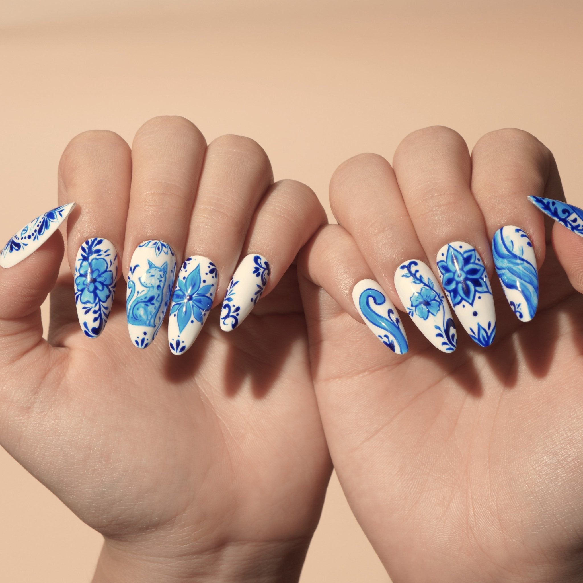 Cobalt Cat floral nail design – handmade press-on nails by Handora