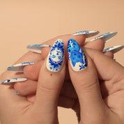 Cobalt Cat press-on nails – hand-painted reusable gel set by Handora