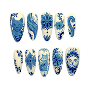 Cobalt Cat almond floral press-on nails by Handora